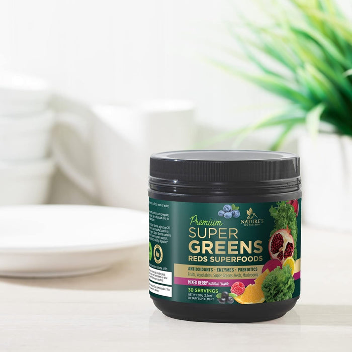 Greens Powder Superfood Drink Mix - Green Whole Food Blend for Energy & Gut Health with Organic Wheat Grass, Spirulina, Chlorella, Digestive Enzymes Antioxidant & Fiber, Berry Flavor, 30 Servings