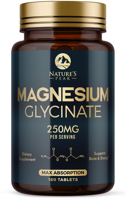 Magnesium Glycinate Chelated for Max Absorption - Supports Bone, Muscle, Nerves & Heart Health, Nature's Sleep and Stress Support, Best Magnesium Supplement Pills for Whole Body Support - 180 Tablets