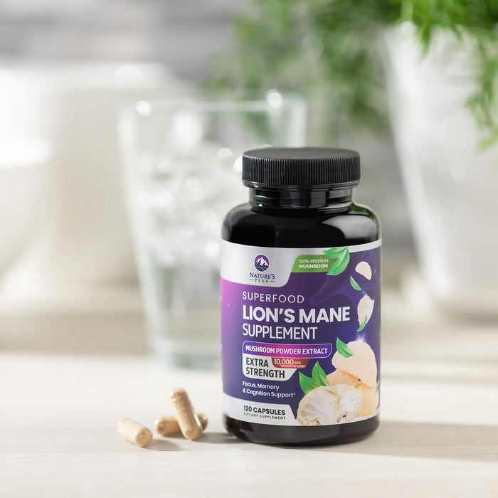 Lions Mane Mushroom Capsules 10,000mg - Lionâ€™s Mane Supplement Capsules for Memory and Focus Support, Brain, Immune Health Support, Vegan, Bottled in USA, Lions Mane Mushroom Powder Extract, 120 Count