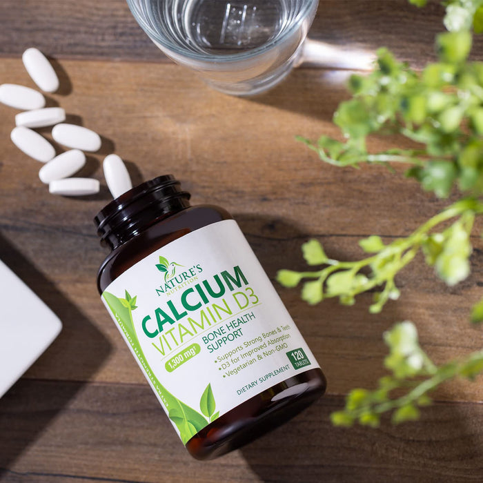 Calcium Supplement with Vitamin D - 1200 mg Calcium Carbonate with 1600 IU of D3 Vitamins - Supports Bone Strength, Teeth & Immune System - Natural & Easily Absorbable for Women & Men - 120 Tablets