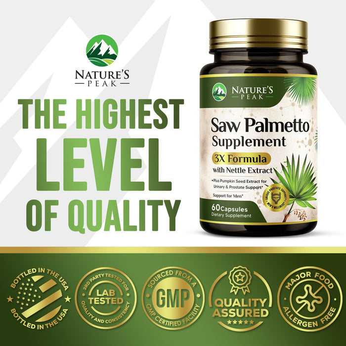 Saw Palmetto for Men Prostate Supplement - Potent 3X Formula with Stinging Nettle + Pumpkin Seed Extract for Men's Health, Herbal Prostate Supplement for Urinary Support, Bottled in USA, 60 Capsules