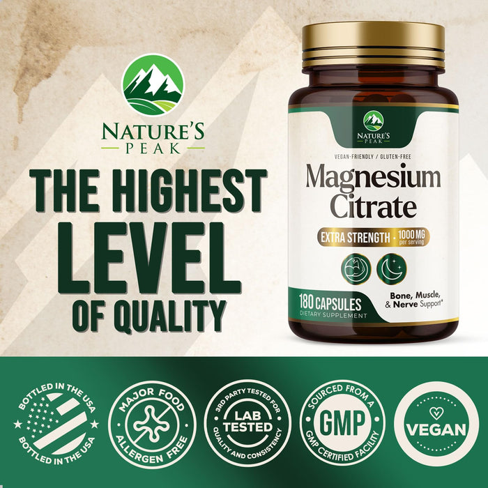Magnesium Citrate 1000mg - High Absorption Magnesium Supplement Supports Muscle, Bone, Nerve & Heart Health - Extra Strength Magnesio Complex Pills - Non-GMO, Premium Energy Formula - 180 Capsules