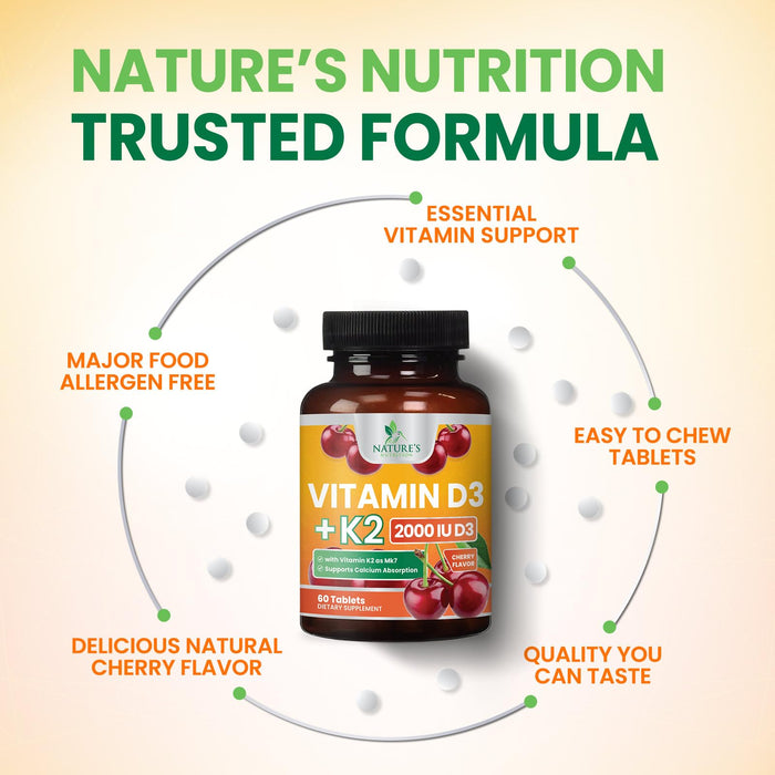 Vitamin D3 K2 2000 IU Plus with K2 (MK-7) 75 mcg - Vitamins D & K Complex Supplement for Bone, Teeth, Muscle, Calcium Absorption, Supports Immune & Heart Health, Non-GMO Chewable Formula - 60 Tablets