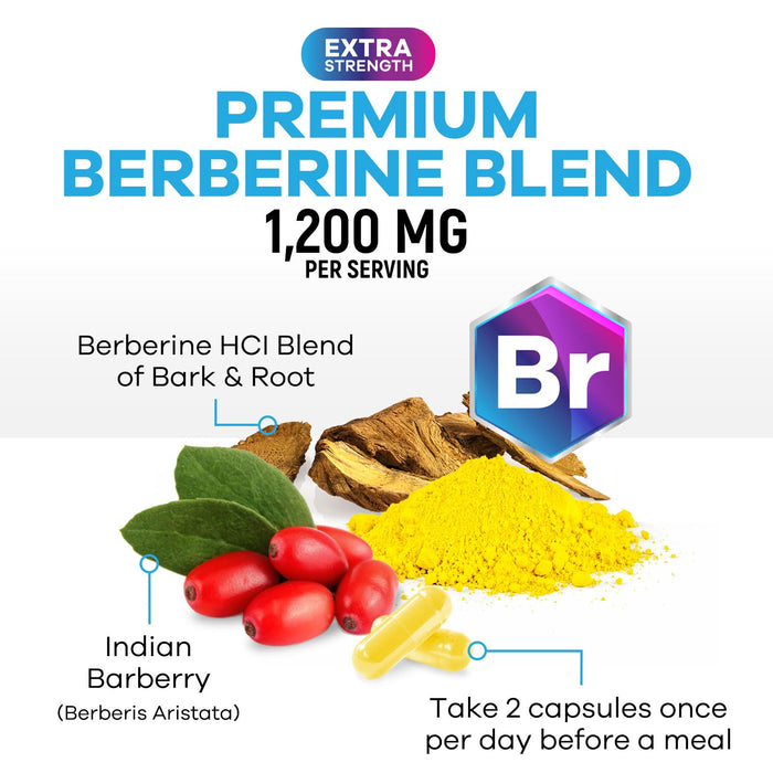 Berberine HCL 1200mg Supplement - Berberine HCI Capsules High Absorption Supplement for Heart Health & Immune Support, High Strength, Gluten-Free, Vegan, Non-GMO Pills - 60 Veggie Capsules