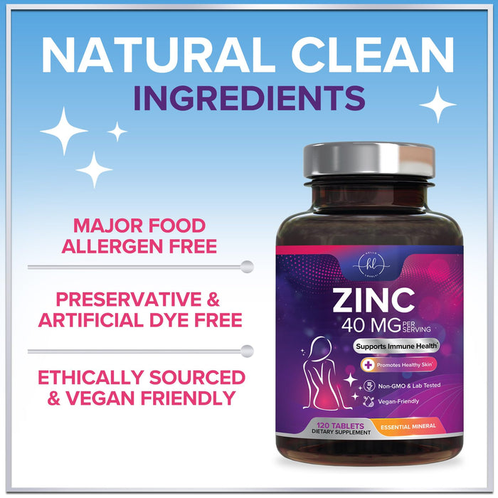 Zinc Supplements for Women and Men - 40mg Supplement for Immune Support, Skin Health Support, & Antioxidant Supplement for Adults, High Potency Zinc Gluconate 40 mg, Non-GMO - 120 Tablets