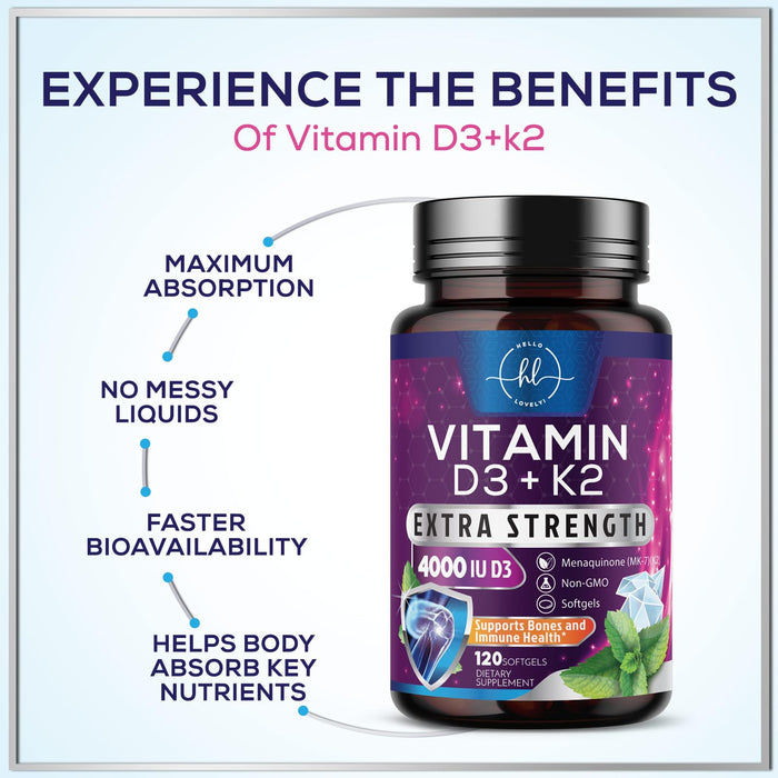 Vitamin D3 K2 - Vitamin D3 (5000 iu) & 100 mcg Vitamin K2 (MK-7) Complex for Immune Support & Bone, Teeth & Muscle Health - Easy to Swallow, Gluten Free, Non-GMO, Bottled in USA - 120 Softgels