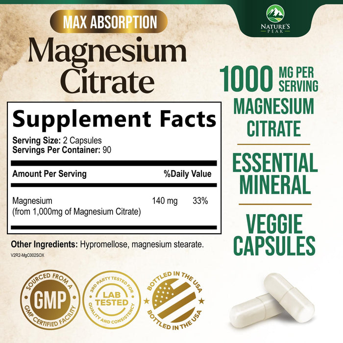 Magnesium Citrate 1000mg - High Absorption Magnesium Supplement Supports Muscle, Bone, Nerve & Heart Health - Extra Strength Magnesio Complex Pills - Non-GMO, Premium Energy Formula - 180 Capsules