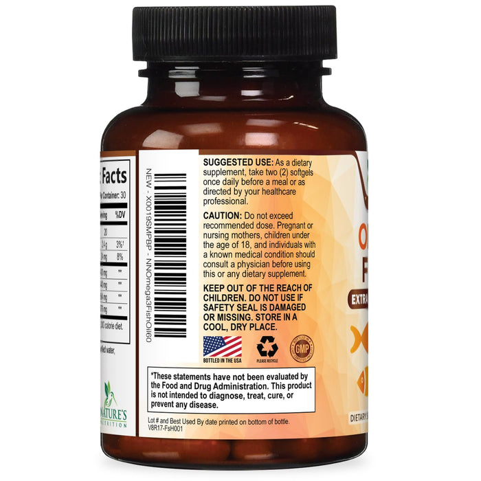 Omega 3 Fish Oil 2400 mg - Triple Strength EPA & DHA Fatty Acids for Heart, Brain & Joint Support Wild-Caught, Burpless, Lemon Flavor Supplement Natural, Non-GMO, Gluten-Free - 60 Softgels