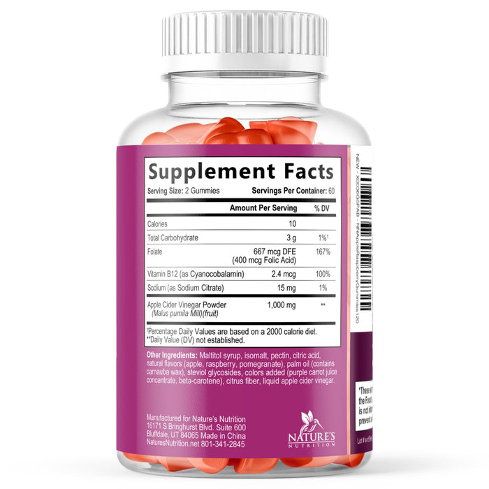 Apple Cider Vinegar Gummies Sugar Free 1000mg for Cleanse, ACV Gummy Vitamin B12 for Digestion Energy & Immune Health Support, Supports Metabolism, Keto Friendly, Apple Raspberry Flavor - 120 Gummies