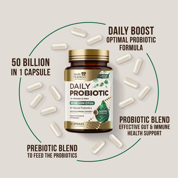 Probiotics 60 Billion CFU + 10 Strains - Daily Probiotic Lactobacillus Blend for Immune, Digestive & Gut Health Support, Prebiotics and Probiotics, Gas & Bloating for Women & Men - 60 Capsules