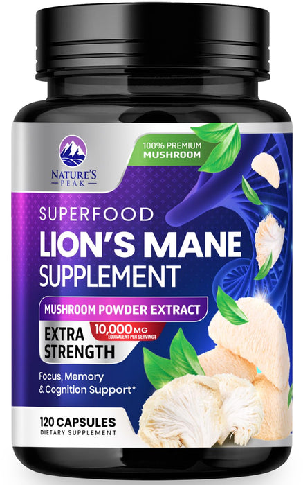 Lions Mane Mushroom Capsules 10,000mg - Lionâ€™s Mane Supplement Capsules for Memory and Focus Support, Brain, Immune Health Support, Vegan, Bottled in USA, Lions Mane Mushroom Powder Extract, 120 Count