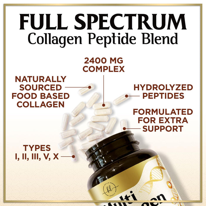 Multi Collagen Peptides for Women â€“ 2400mg Best Hydrolyzed Collagen Complex with 5 Types (I, II, III, V, X) - Grass Fed â€“ Hair, Skin, Nail, Bone & Joint Support for Beauty & Wellness â€“ 60 Capsules