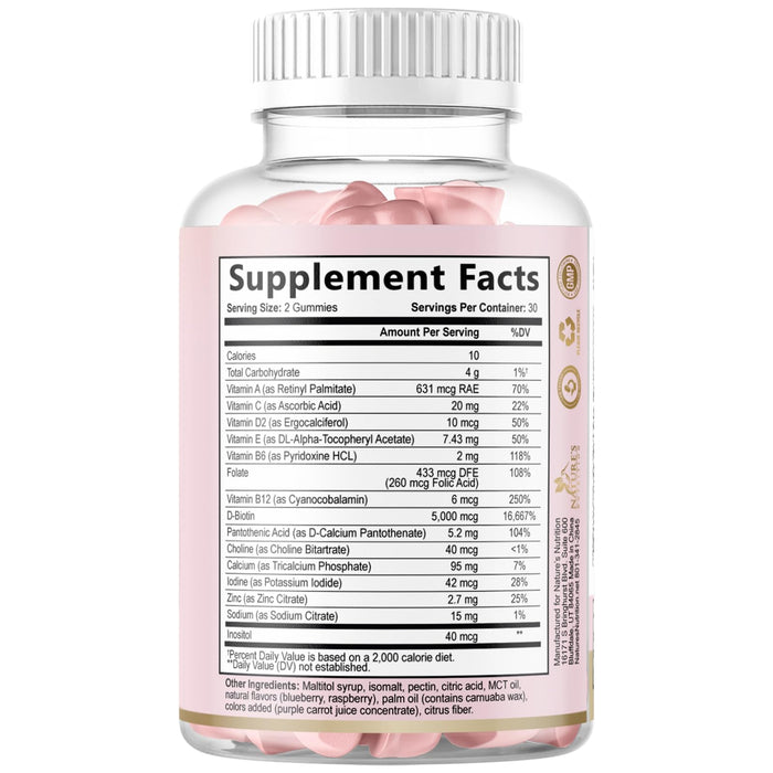Sugar Free Hair Vitamins Gummies with Biotin 5000 mcg, Vitamin A, B12, C, D, E, Folic Acid, Supports Hair Growth Gummy, Vegetarian Friendly, Supports Strong Beautiful Hair and Nails - 60 Gummies