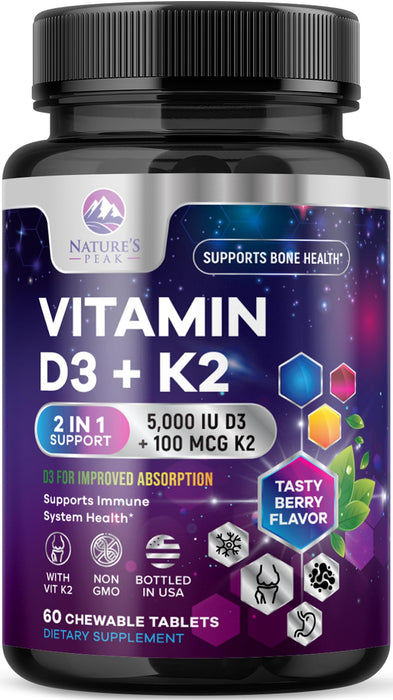 Vitamin D3 K2 - 5000 iu Vitamin D3 & 100 mcg Vitamin K2 (MK-7) Complex for Immune Support - Bone, Teeth & Muscle Health Support - Berry Chewable, Gluten Free, Non-GMO, Made in USA - 60 Tablets