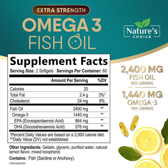 Omega 3 Fish Oil Supplement 2400 mg - Triple Strength EPA & DHA Fish Oil Omega 3, Essential Fatty Acids Supplement Softgels, Brain & Heart Health Support Supplements, Gluten Free Non-GMO, 120 Softgels