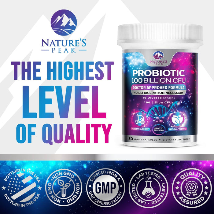 Probiotics 100 Billion CFU Supplement - 16 Strains + Natural Prebiotics - Digestive Health, Gut & Immune Support for Women & Men - Supports Occasional Constipation, Gas & Bloating - 30 Capsules