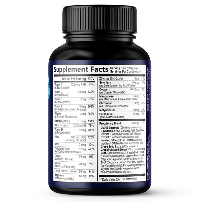Brain Memory Supplement Pills - Nootropics Support for Concentration, Clarity, Alertness & Focus - Brain Health with Bacopa, Cognitive Vitamins, Phosphatidylserine, DMAE - Brain Booster - 60 Capsules