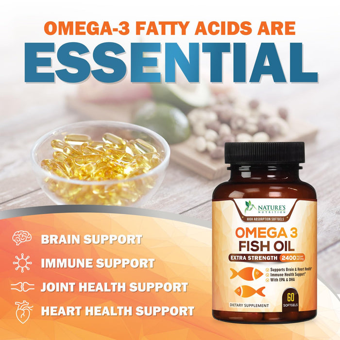 Omega 3 Fish Oil 2400 mg â€“ Triple Strength EPA & DHA Fatty Acids for Heart, Brain & Joint Support â€“ Wild-Caught, Burpless, Lemon Flavor Supplement â€“ Natural, Non-GMO, Gluten-Free â€“ 60 Softgels