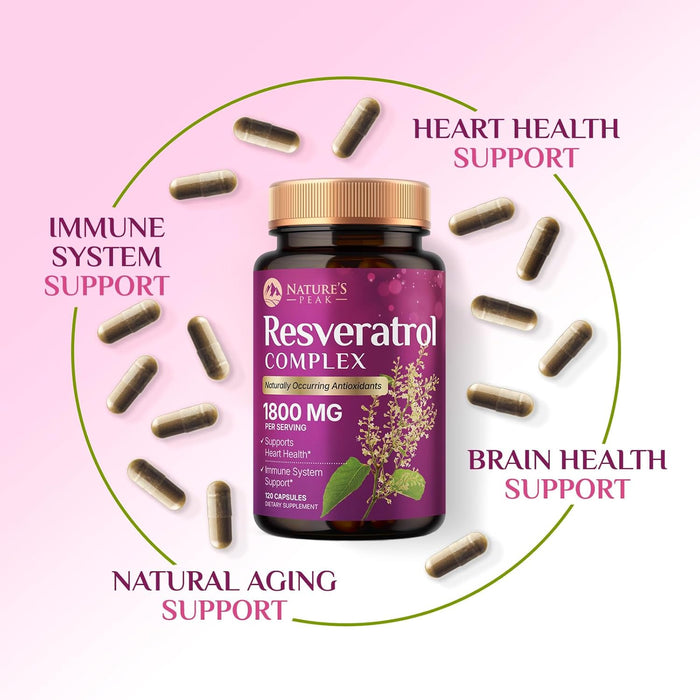 100% Natural Resveratrol 1800mg - 3X Strength Trans-Resveratrol Pills for Heart Health, Best Resveratrol Supplements, Potent Polyphenols Antioxidant Complex, Non-GMO, Bottled in USA - 120 Capsules
