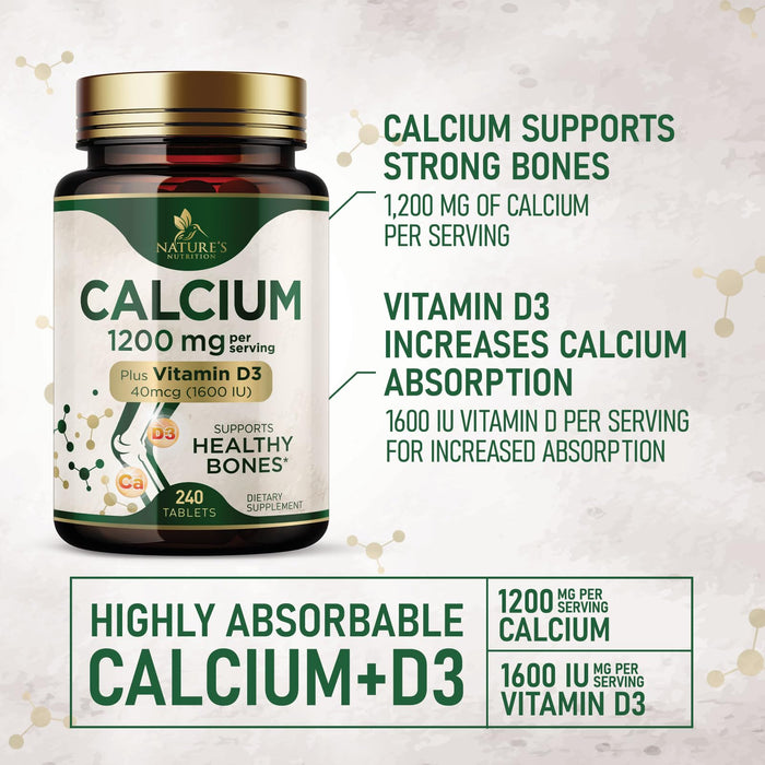 Calcium 1200 mg with Vitamin D3, Calcium Supplement Vitamins, Supports Bone Strength, Teeth & Immune System, Calcium Supplements for Women & Men, Nature's Absorbable Calcium Carbonate - 240 Tablets