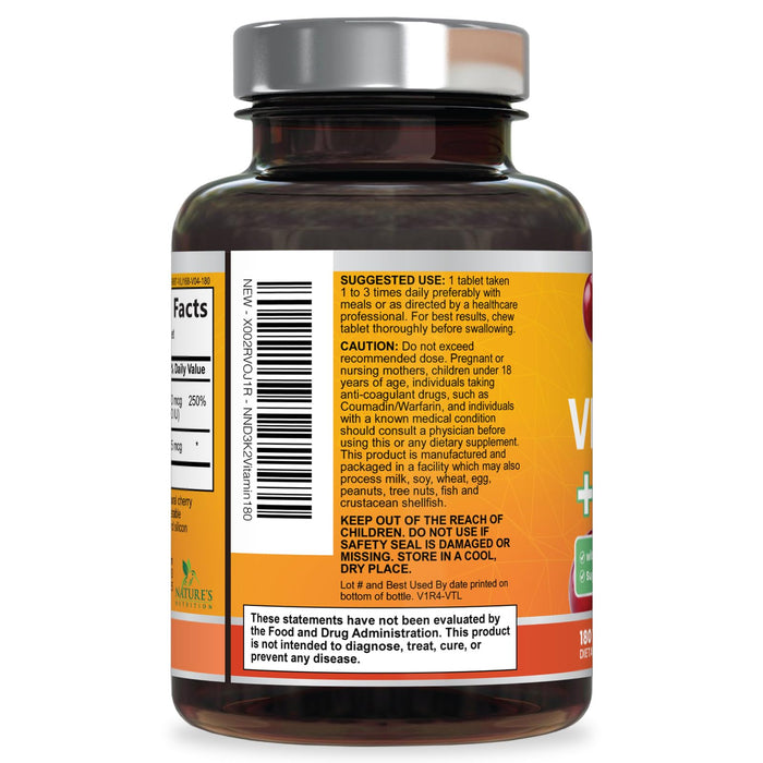Vitamin D3 K2 2000 IU Plus with K2 (MK-7) 75 mcg - Vitamins D & K Complex Supplement for Bone, Teeth, Muscle, Calcium Absorption, Supports Immune & Heart Health, Non-GMO Chewable Formula - 180 Tablets