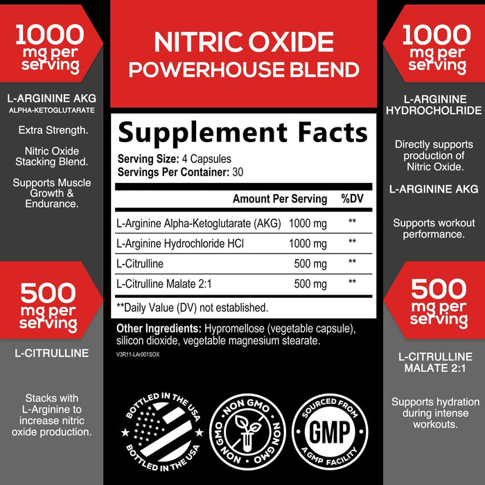 Extra Strength Nitric Oxide Supplement 3X Strength L Arginine, Citrulline Malate, AAKG, Beta Alanine - Premium Muscle Supporting Nitric Booster - Natural Energy & Heart Health Support - 120 Capsules