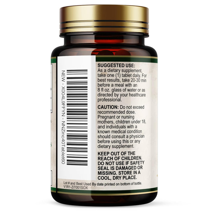 Zinc 40mg Supplements for Women and Men, Supplement for Immune Health Support, Skin Health Support, & Antioxidant Supplement for Adults with Zinc Gluconate 40 mg, High Potency, Non-GMO - 60 Tablets
