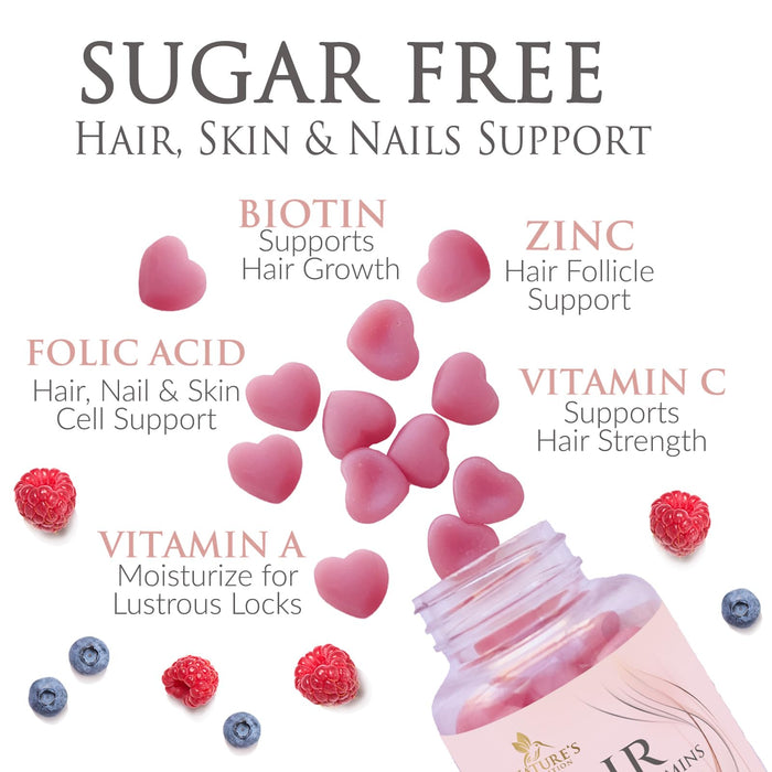 Sugar Free Hair Vitamins Gummies with Biotin 5000 mcg, Vitamin A, B12, C, D, E, Folic Acid, Supports Hair Growth Gummy, Vegetarian Friendly, Supports Strong Beautiful Hair and Nails - 60 Gummies