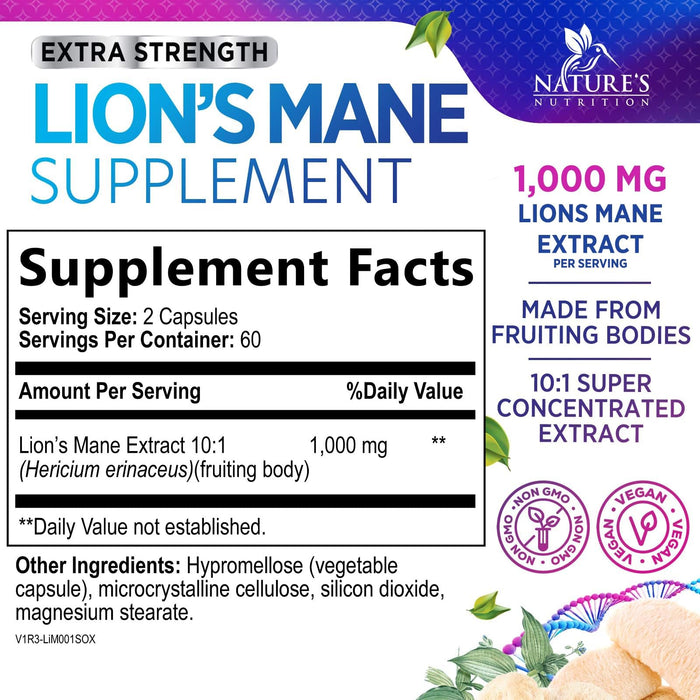 Lions Mane Mushroom Supplement - Brain Health Support for Focus, Memory, Cognition & Immune Support - Nature's Nootropic Lion's Mane Mushroom Extract Non-GMO, Vegetarian & Gluten Free - 120 Capsules