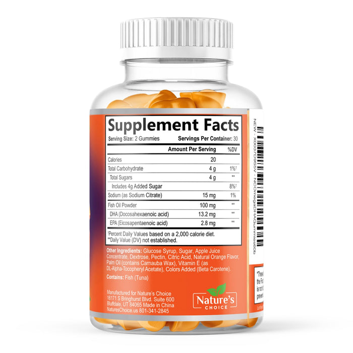 Omega 3 Fish Oil Gummies - Triple Strength Omega3 Gummy - DHA & EPA Fatty Acids for Heart Health, Joint & Brain Support, Nature's High Absorption Omega Fish Oil Supplement, Orange Flavor- 60 Gummies