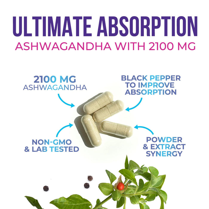 Ashwagandha Supplement 2100mg - Extra Strength Herbal Root Extract, Best Ashwagandha Supplements for Men & Women, Restore, Unwind, Calm Support Formula, Vegetarian, Non-GMO, Gluten-Free, 120 Capsules