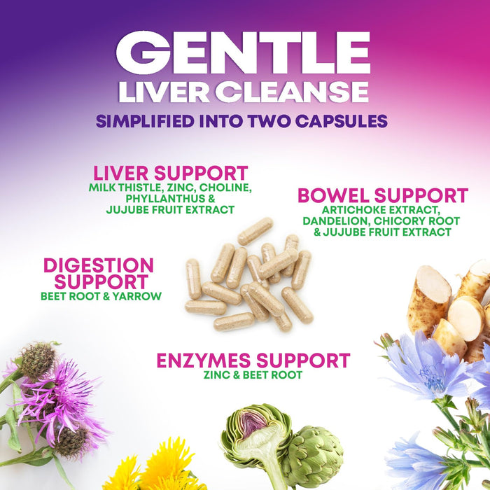 Gentle Liver Cleanse Detox & Repair Formula - Herbal Liver Support Supplement: Milk Thistle with Silymarin, Artichoke Extract, Dandelion, Beet, Chicory Root, & Turmeric for Liver Health - 60 Capsules