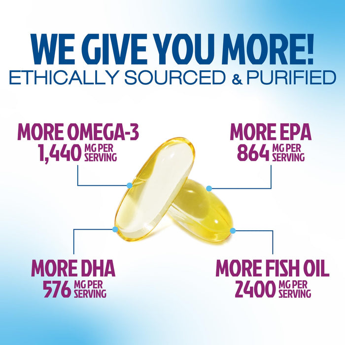 Omega 3 Fish Oil 2400 mg - Triple Strength Omega3, EPA & DHA Fatty Acids Supplement - Natural Support for Immune, Heart & Brain Health - Wild Caught, Non-GMO, Lemon Flavor, Burpless - 120 Softgels