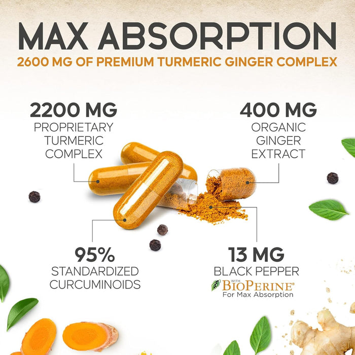 Turmeric Curcumin Supplement 2600mg - with Organic Ginger & Turmeric, 95% Curcuminoids, BioPerine Black Pepper for Best Absorption, Nature's Vegan Joint Support, Non-GMO, Bottled in USA - 60 Capsules