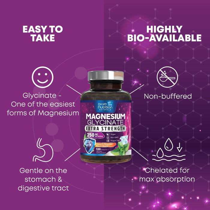 Magnesium Glycinate 250mg - 100% Chelated Magnesium for Max Absorption - Sleep Support, Muscle, Nerves, Bone & Heart Health Support, Best Mag Supplement, Vegan Non-GMO, 3rd Party Tested - 120 Tablets