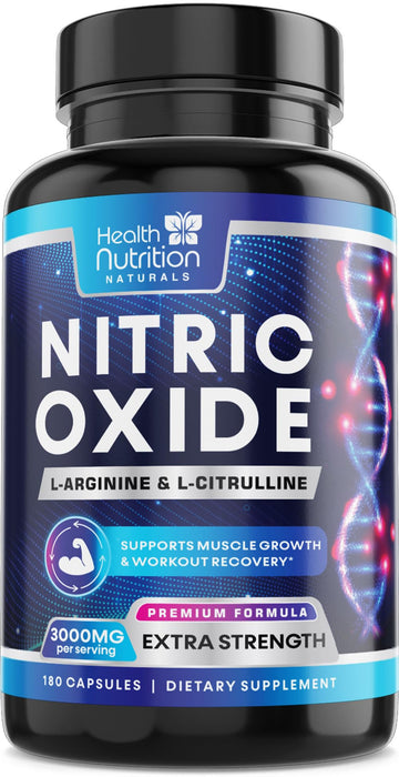 Extra Strength Nitric Oxide Supplement 3X Strength L Arginine, Citrulline Malate, AAKG, Beta Alanine - Premium Muscle Supporting Nitric Booster - Natural Energy & Heart Health Support - 180 Capsules