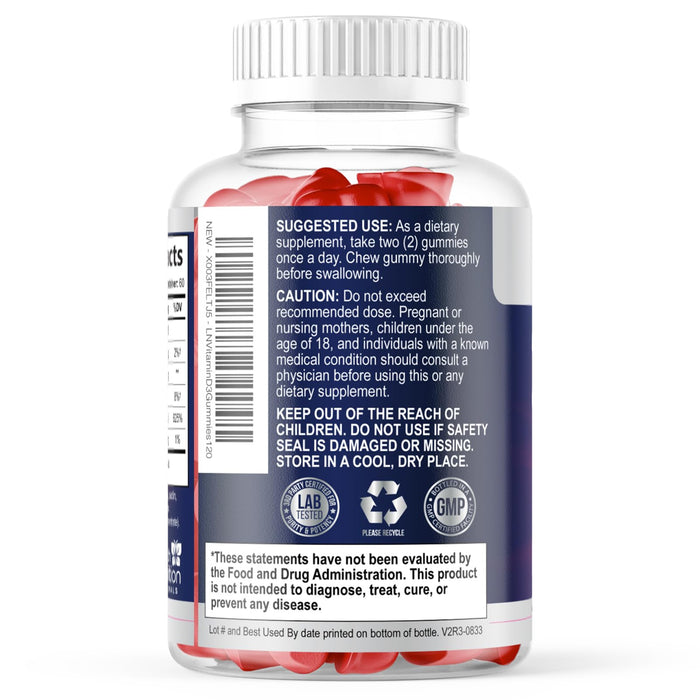 Vitamin D3 Gummies 5000 IU (125 mcg) - Extra Strength Immune Support, Bone, Teeth and Muscle Vitamin D Gummy Dietary Supplement, Nature's Berry D Vitamin Supplement, Raspberry, Non-GMO - 120 Gummies