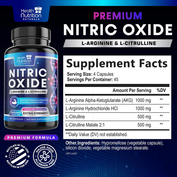Extra Strength Nitric Oxide Supplement 3X Strength L Arginine, Citrulline Malate, AAKG, Beta Alanine - Premium Muscle Supporting Nitric Booster - Natural Energy & Heart Health Support - 180 Capsules
