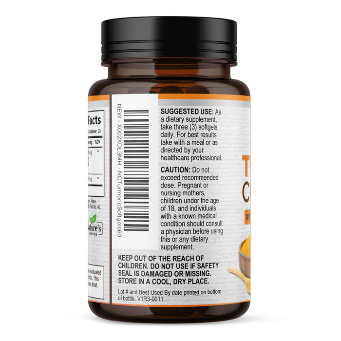 Turmeric Curcumin Supplement 1500mg with Curcuminoids - Tumeric Extract & Black Pepper for Best Advanced Absorption, Nature's Joint Herbal - Immune, Brain, Heart Support, Vegan & Non-GMO - 60 Softgels