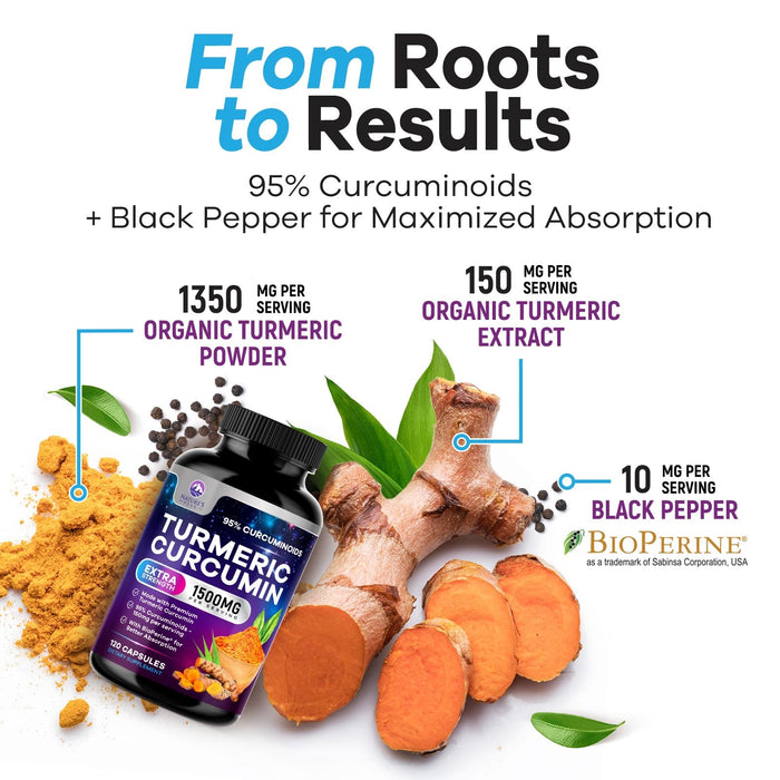 Turmeric Curcumin with BioPerine 95% Curcuminoids 1500mg with Black Pepper for Absorption – 120 Capsules