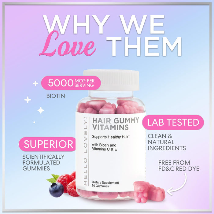 Hair Vitamins Gummies - Biotin 5000 mcg with Vitamin E, C & Zinc, Hair Growth Vitamins for Women & Men - Stronger, Beautiful Hair, Skin & Nails Supplement, Non-GMO & Gluten-Free - 60 Gummy Bears