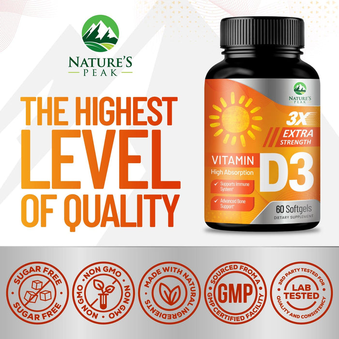 Vitamin D3 5000 IU Softgels (125 mcg) - Extra Strength Vitamins D-3 Dietary Supplement for Bone, Teeth, Muscle Health & Immune Support, Rapid Absorbtion Mini D Softgel, Non-GMO, Gluten Free - 60 Count