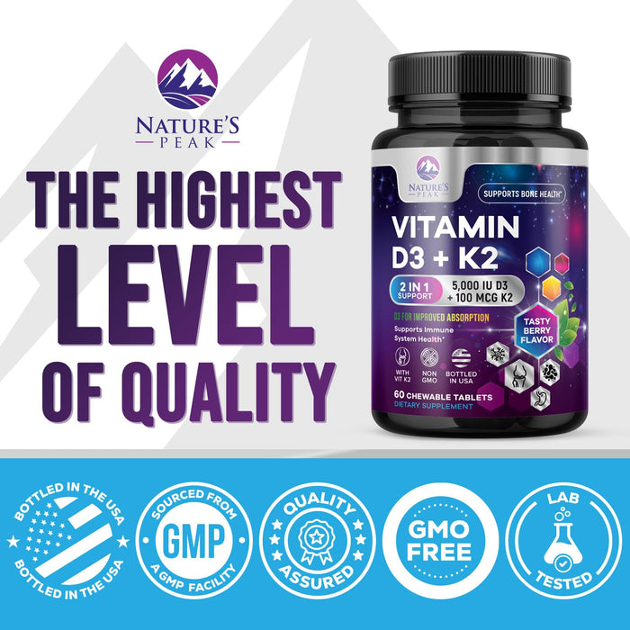Vitamin D3 K2 - 5000 iu Vitamin D3 & 100 mcg Vitamin K2 (MK-7) Complex for Immune Support - Bone, Teeth & Muscle Health Support - Berry Chewable, Gluten Free, Non-GMO, Made in USA - 60 Tablets