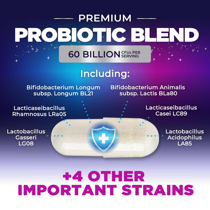 Probiotics 60 Billion CFU - 10 Strains + Digestive Enzymes & Prebiotics - Best Probiotic for Women & Men, Supports Immune, Gut Health, Occasional Constipation, Diarrhea, Gas & Bloating - 60 Capsules