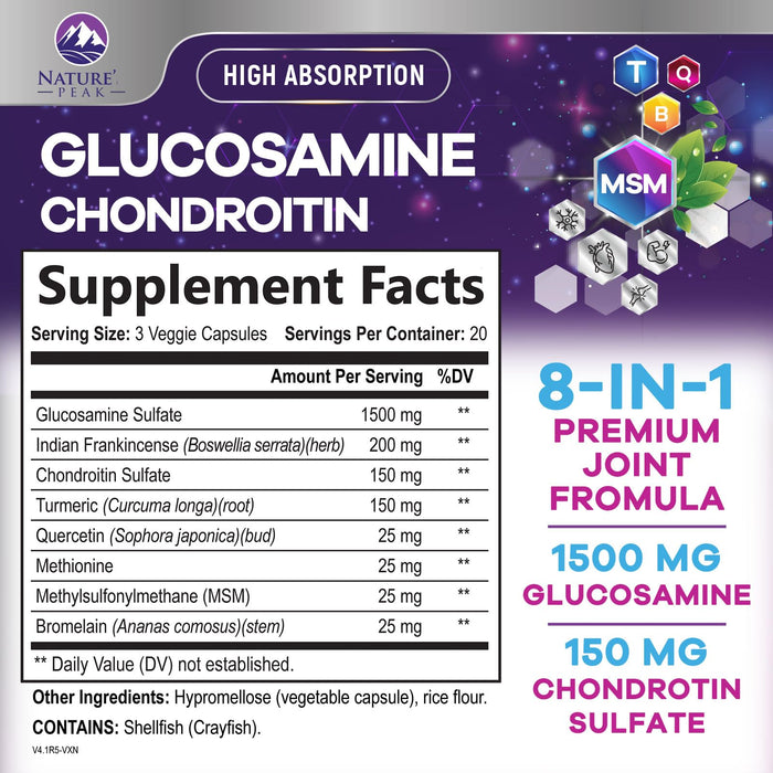Glucosamine Chondroitin MSM Joint Supplement 2100mg - with Glucosamine Sulfate, Turmeric, Boswellia, Quercetin & Bromelain – Nature's Extra Strength Flexibility, Mobility & Joint Support, 60 Capsules