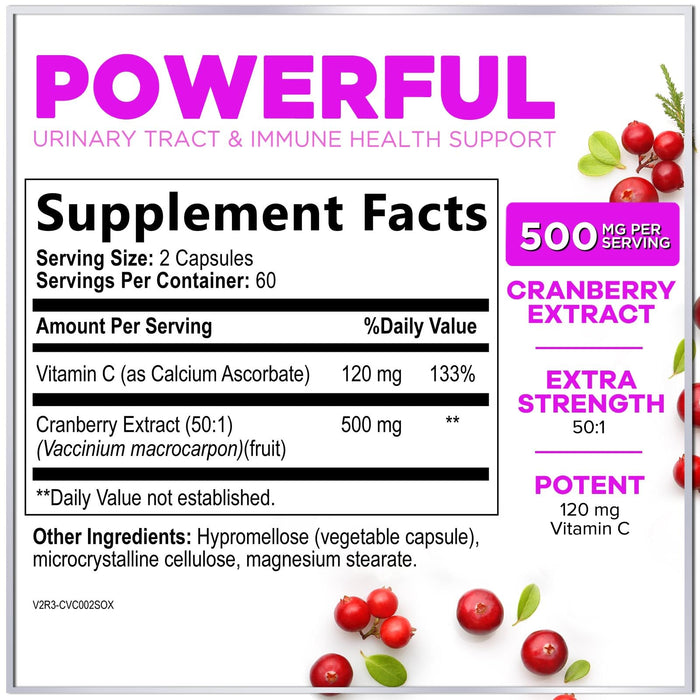 Cranberry Supplement 25,000mg Formula + Vitamin C – Urinary Tract Health Support for Women & Men, 50:1 Whole Fruit Cranberry Extract Pills for Women, Sugar-Free, Non-GMO, Gluten-Free - 120 Capsules