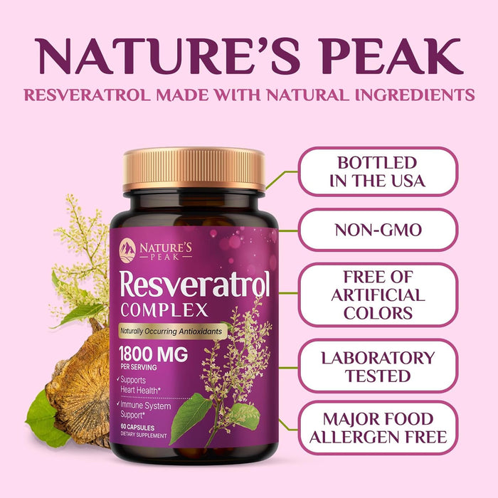 100% Natural Resveratrol 1800mg - 3X Strength Trans-Resveratrol Pills for Heart Health, Best Resveratrol Supplements, Potent Polyphenols Antioxidant Complex, Non-GMO, Bottled in USA - 60 Capsules