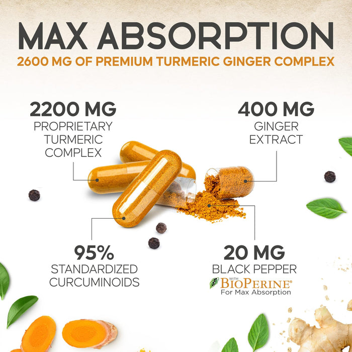 Turmeric Curcumin Supplement 2600mg - with Organic Ginger & Turmeric, 95% Curcuminoids, BioPerine Black Pepper for Best Absorption, Nature's Vegan Joint Support, Non-GMO, Bottled in USA - 60 Capsules