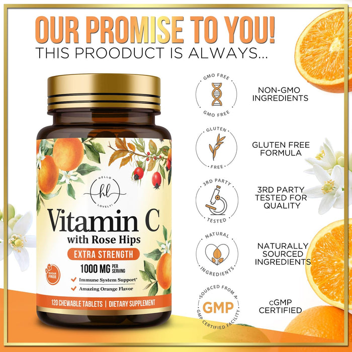 Vitamin C Supplement 1000mg - Extra Strength with Rose Hips Bioflavonoids - Sugar Free Vitamin C Chewable Pills, Nature's Vit C for Immune Support & Antioxidant Protection - 120 Chewable Tablets
