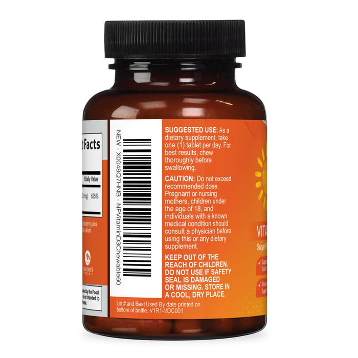 Vitamin D3 5000iu (125 mcg) Immune Health Support - High Potency Vitamin D Dietary Supplement for Bone, Teeth, Muscle - Nature's VIT D, Vegan, Gluten Free, Raspberry Flavor - 60 Chewable Tablets